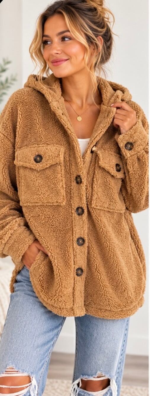 Sanctuary Teddy Sherpa Hooded Shacket Camel Tan Size M